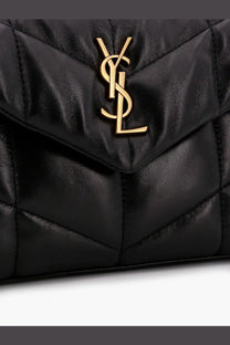 Saint Laurent women’s loulou puffer toy matelassé black quilted leather crossbody bag with gold ysl logo emblem