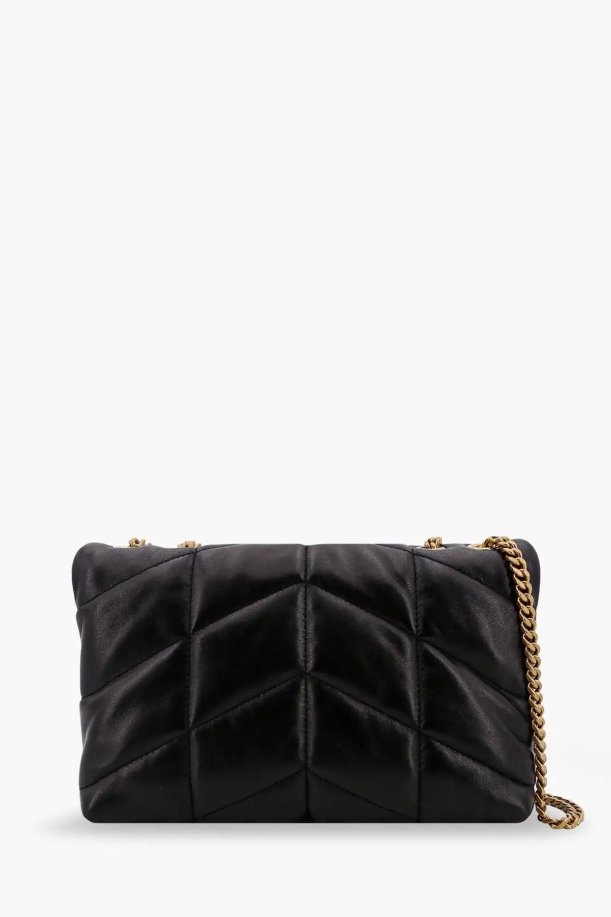 Saint Laurent women’s Loulou puffer toy matelassé black quilted leather crossbody bag with gold-tone chain strap