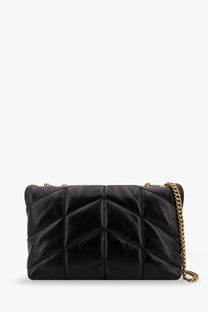 Saint Laurent women’s Loulou puffer toy matelassé black quilted leather crossbody bag with gold-tone chain strap