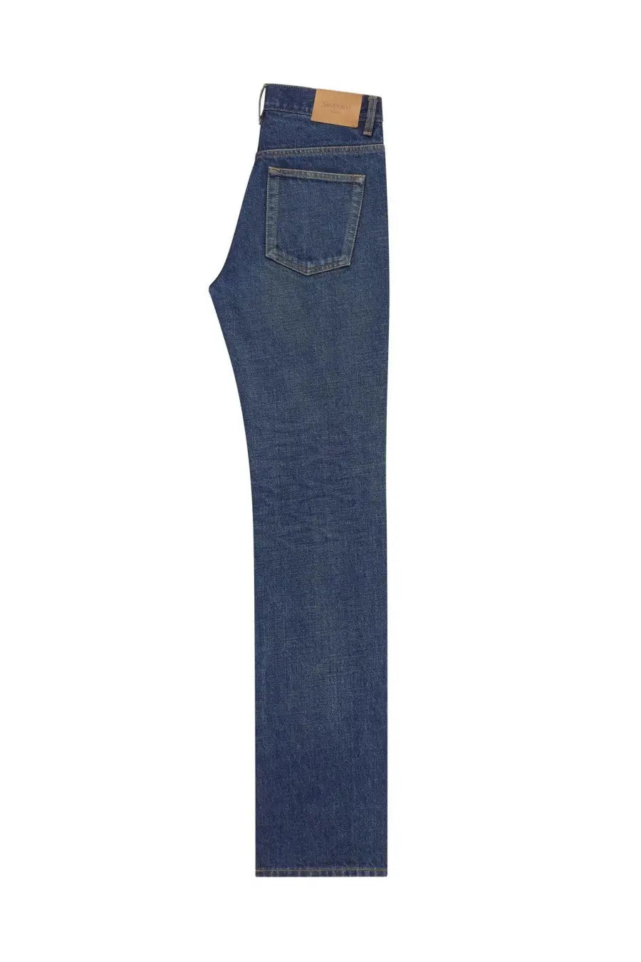 Saint Laurent women’s low waist jeans in dark blue denim with a classic straight-leg cut and tan leather patch visible from the back