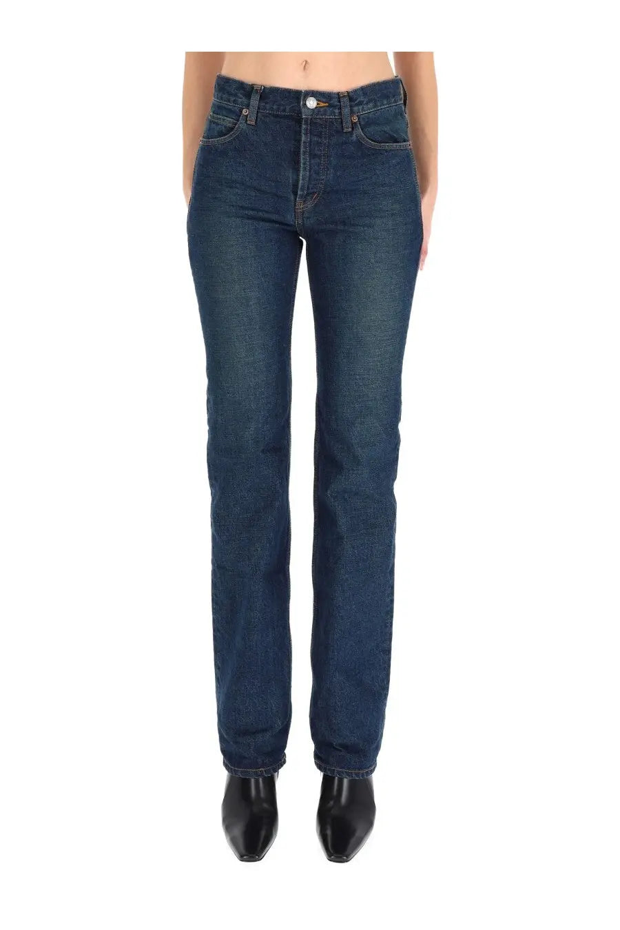 Dark blue Saint Laurent women’s low waist jeans with straight-leg cut and classic five-pocket denim design