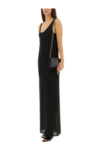 Black leather YSL mini crossbody bag with gold-tone chain strap and logo tassel with Saint Laurent lurex knit dress black