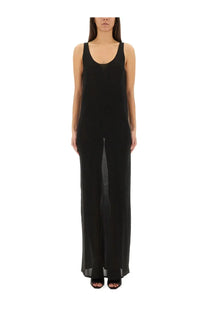 Saint Laurent women’s black lurex knit dress with sleeveless design and sheer mesh side panels