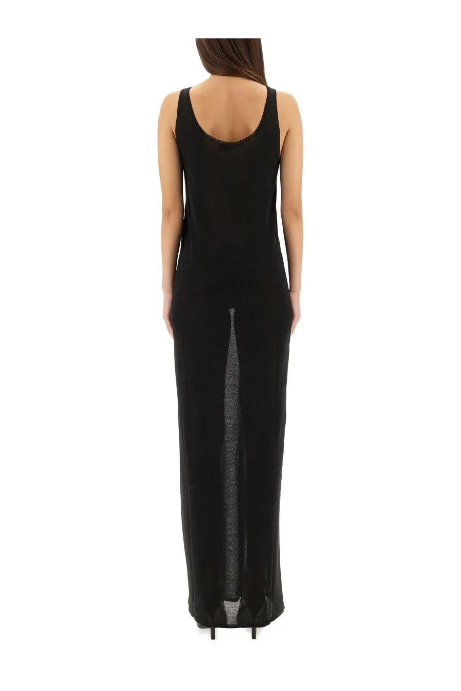 Back view of saint laurent women’s black lurex knit sleeveless maxi dress with sheer mesh panel down center back