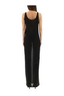 Back view of saint laurent women’s black lurex knit sleeveless maxi dress with sheer mesh panel down center back