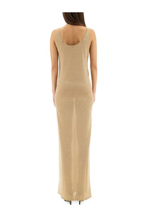 Beige ribbed knit sleeveless maxi dress with rounded neckline and back slit from Saint Laurent women’s Lurex knit dress gold collection