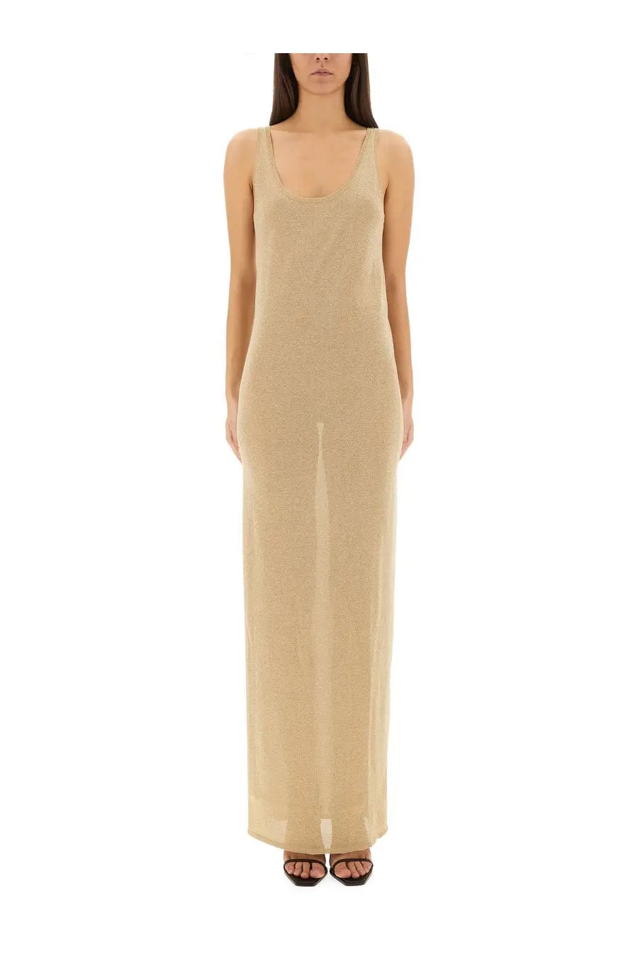 Saint Laurent women’s lurex knit dress in gold beige sleeveless maxi style with subtle sheen and wide-leg cut