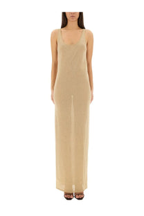 Saint Laurent women’s lurex knit dress in gold beige sleeveless maxi style with subtle sheen and wide-leg cut