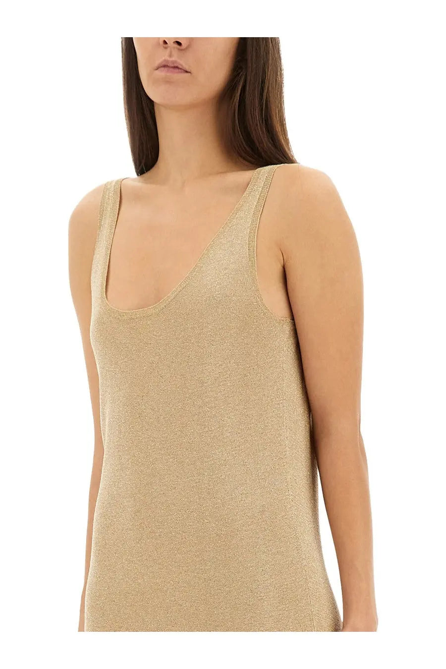 Saint Laurent women’s lurex knit dress in gold with a shimmering metallic tank top style scoop neckline and delicate straps