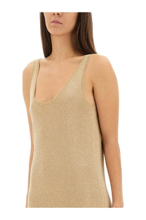 Saint Laurent women’s lurex knit dress in gold with a shimmering metallic tank top style scoop neckline and delicate straps