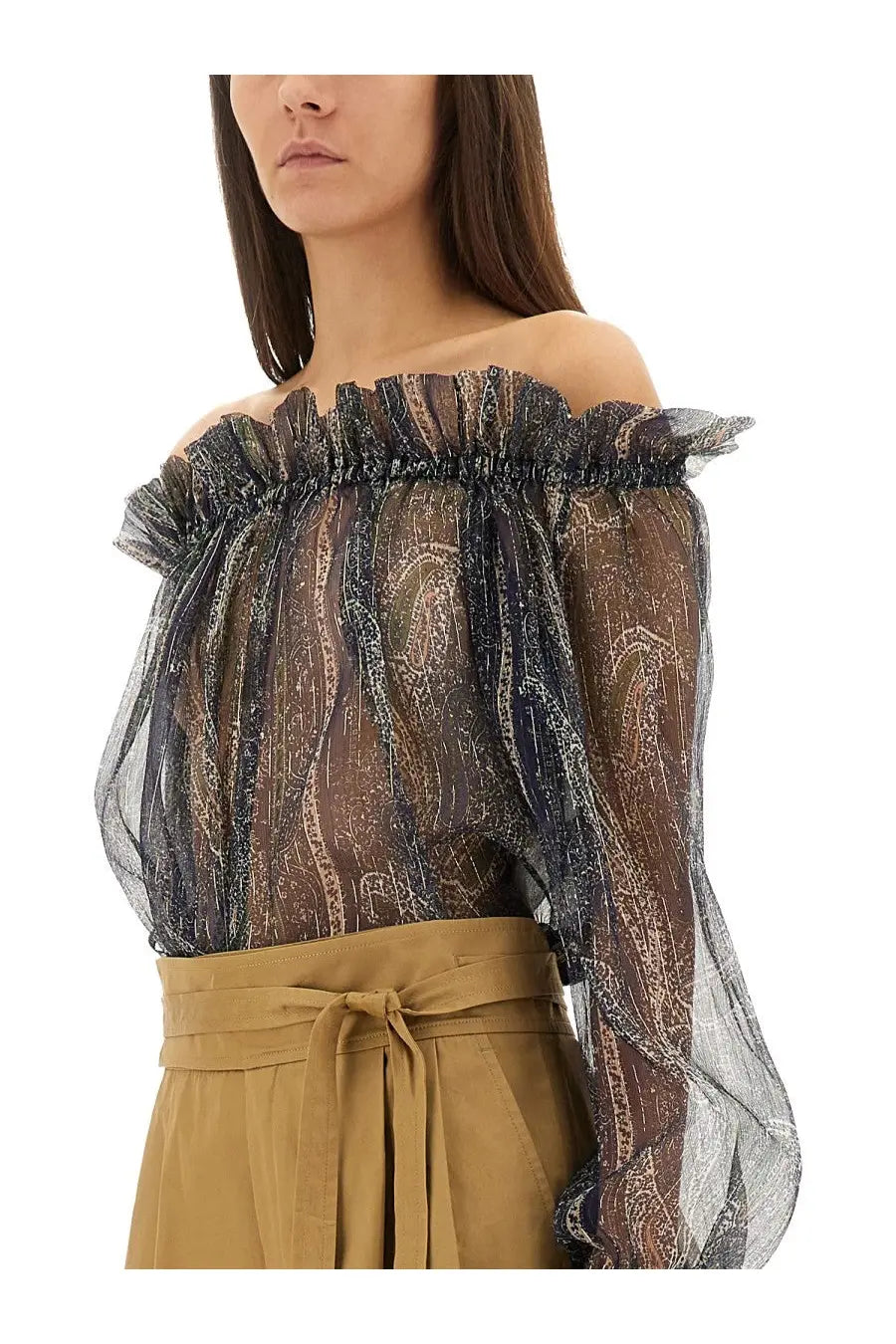 Saint Laurent women’s sheer black and gold paisley off the shoulder lurex silk creponne top with ruffles