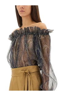 Saint Laurent women’s sheer black and gold paisley off the shoulder lurex silk creponne top with ruffles