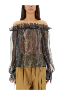 Saint Laurent women’s lurex silk creponne top blue sheer off-the-shoulder blouse with paisley pattern and puffy sleeves