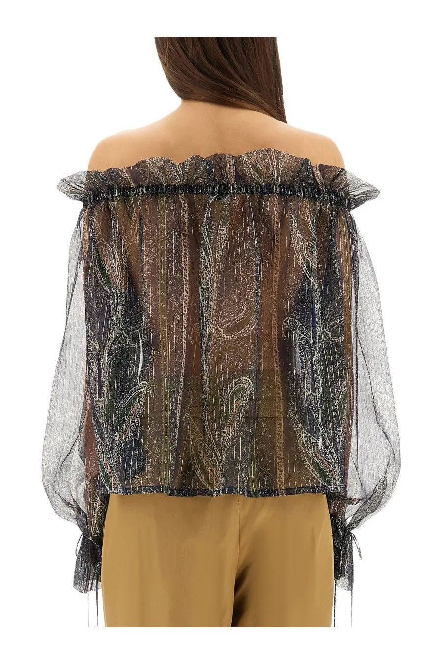 Saint Laurent women’s lurex silk creponne top blue sheer off the shoulder with shimmering metallic gold and black paisley pattern