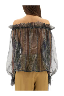 Saint Laurent women’s lurex silk creponne top blue sheer off the shoulder with shimmering metallic gold and black paisley pattern