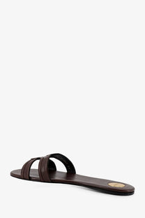 Saint laurent women’s mabrouka brown leather slide sandal with thin straps and small gold logo on the back heel
