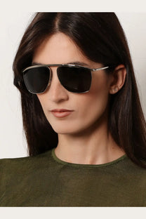 Silver-framed Saint Laurent women’s aviator sunglasses with dark reflective metal lenses for stylish sun protection