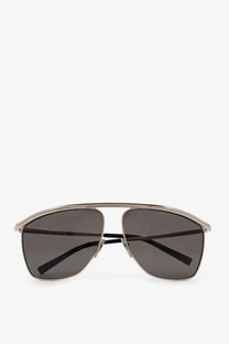 Saint Laurent women’s silver metal aviator sunglasses with dark gray lenses and a silver frame