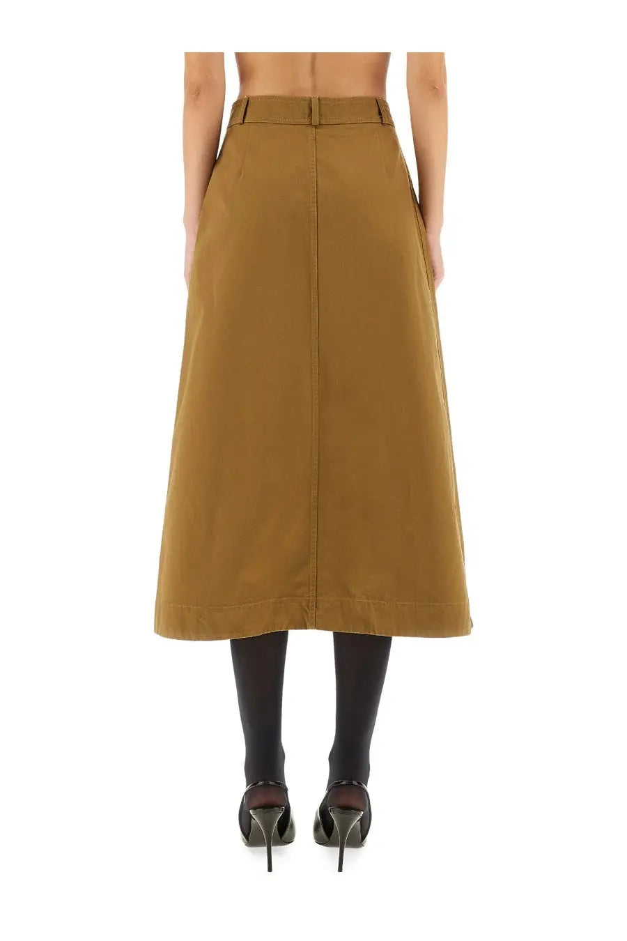 Saint Laurent women’s midi skirt beige high-waisted straight-cut olive green durable fabric with central seam and belt loops