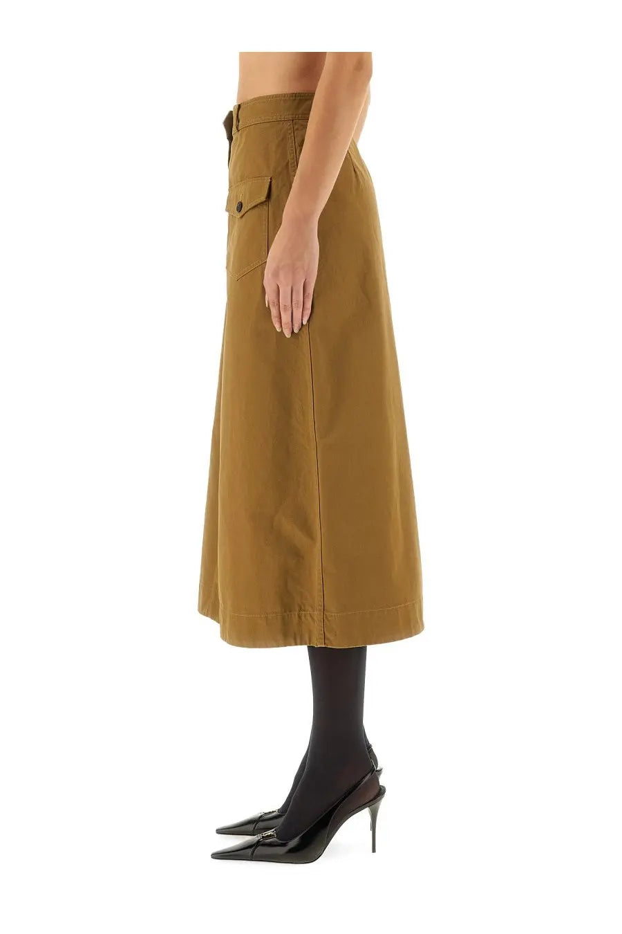 Saint Laurent women’s midi skirt in beige featuring a straight-cut olive green utility style with front pocket and button closure
