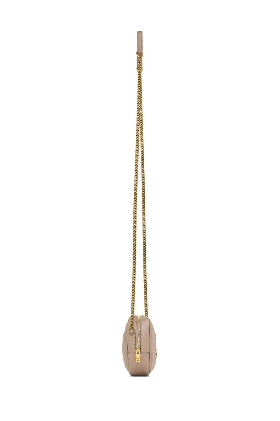 Saint Laurent women’s mini lou beige crossbody bag in beige leather with gold-tone chain strap and zipper closure