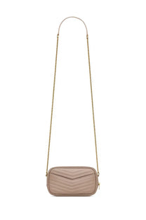 Saint Laurent women’s mini lou beige quilted leather crossbody bag with gold-tone chain strap