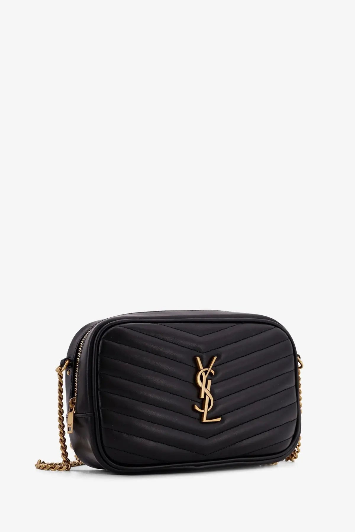 Saint Laurent women’s mini Lou quilted black leather crossbody bag with gold-tone chain strap and ysl logo clasp