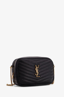 Saint Laurent women’s mini Lou quilted black leather crossbody bag with gold-tone chain strap and ysl logo clasp