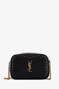 Saint Laurent women’s mini Lou quilted black leather crossbody bag with gold-tone chain strap and ysl logo clasp