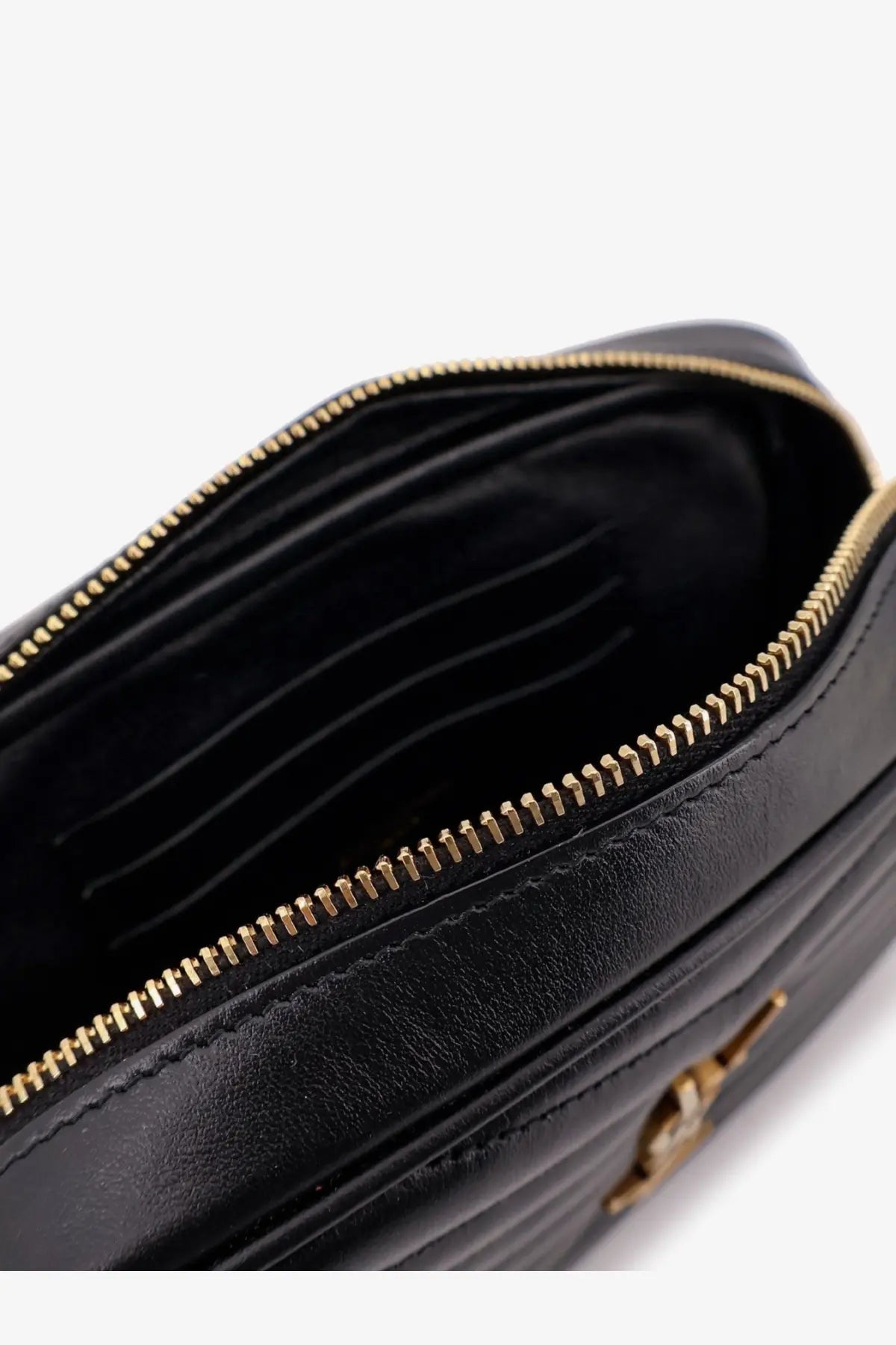 Saint Laurent women’s mini Lou quilted leather crossbody bag black with gold-tone zipper and hardware