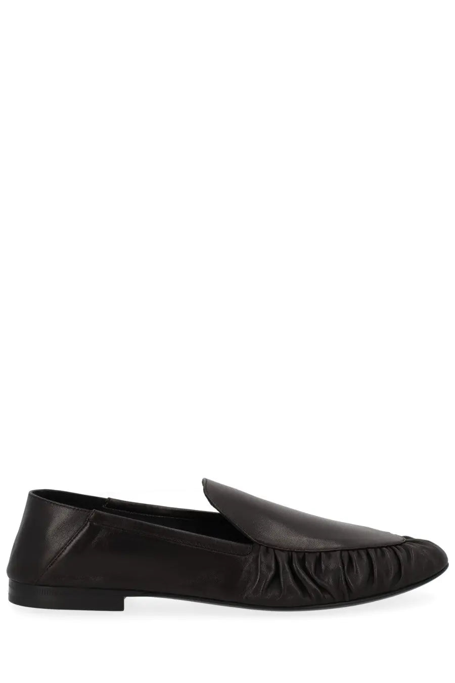Saint Laurent women’s black leather moccasin loafer with ruched toe detail for stylish comfort