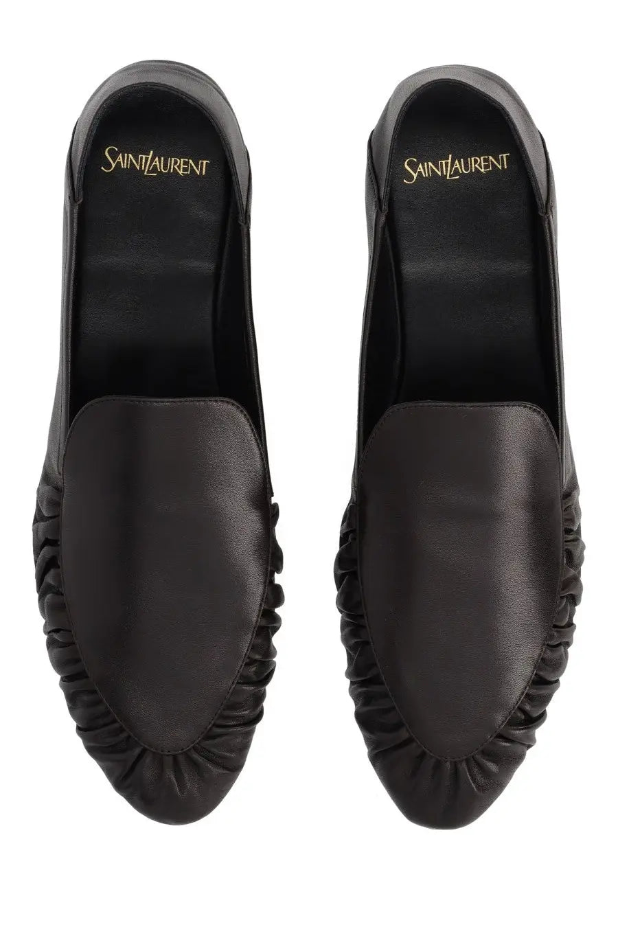 Saint Laurent Women’s moccasin Alain black leather loafers with ruched design and gold embroidered logo lining
