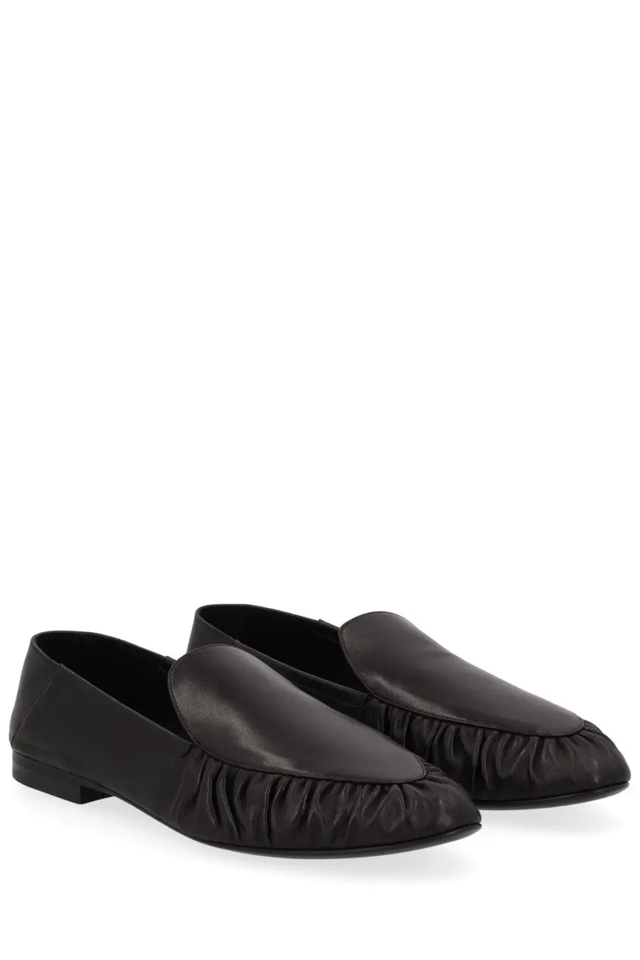Saint Laurent women’s black leather moccasin loafers with ruched detail along the toe for stylish wear