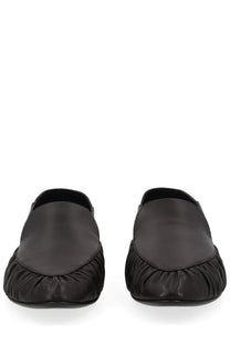 Saint Laurent women’s black satin slip-on loafers with ruched pleated design on the toe moccasin alain style