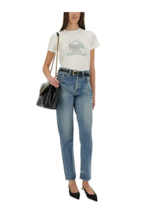High-waisted medium blue denim jeans with classic straight-leg cut and visible stitching details from saint laurent