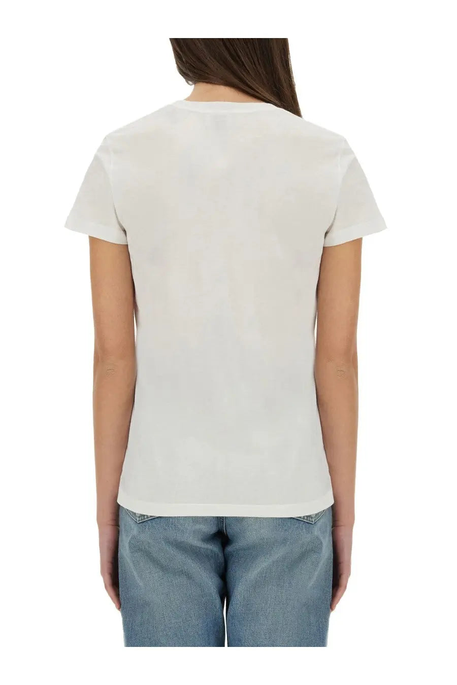 Saint Laurent women’s beige cotton music festival shirt with crew neck and short sleeves