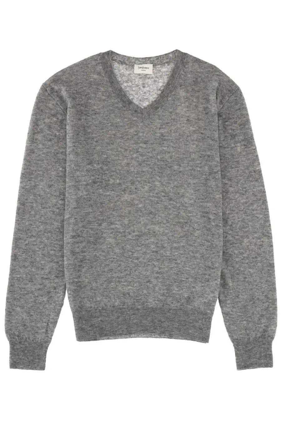 Saint Laurent women’s soft heather gray v-neck sweater with fine knit texture and ribbed cuffs