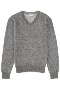 Saint Laurent women’s soft heather gray v-neck sweater with fine knit texture and ribbed cuffs