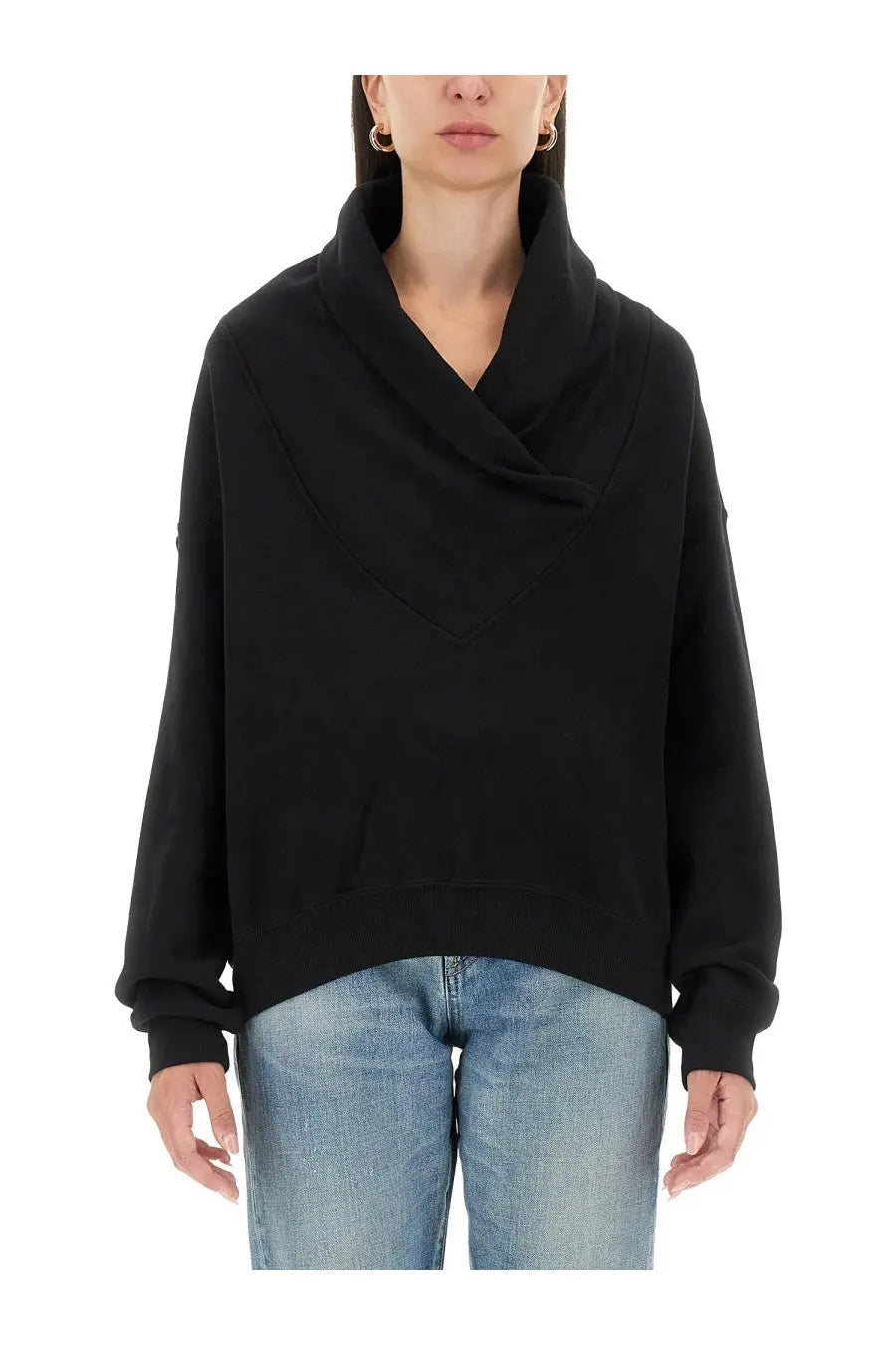 Saint Laurent women’s black cowl-neck sweatshirt with relaxed fit and ribbed cuffs made from soft fabric