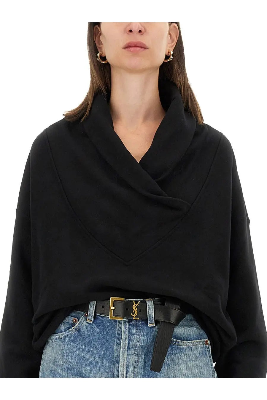 Black Saint Laurent women’s cowl neck sweater made of soft fabric for stylish and cozy wear