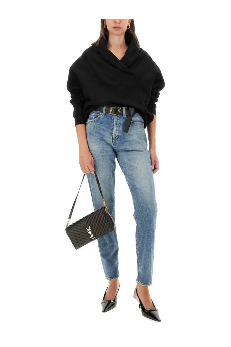 Black quilted leather ysl mini crossbody bag with gold-tone hardware complementing saint laurent women’s neck sweatshirt