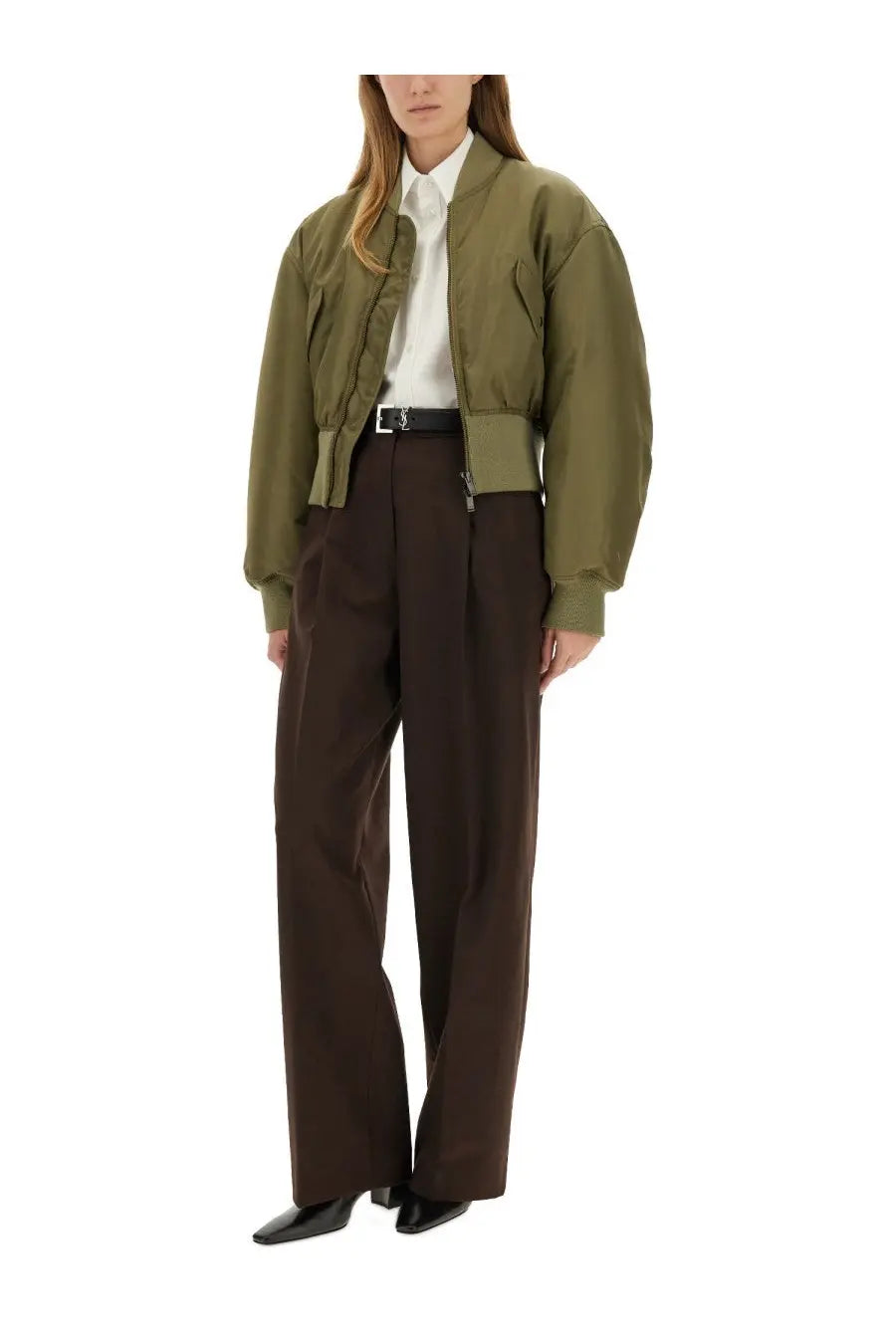 Saint Laurent women’s olive green nylon bomber jacket with quilted texture and ribbed cuffs