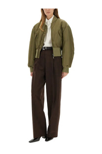 Saint Laurent women’s olive green nylon bomber jacket with quilted texture and ribbed cuffs