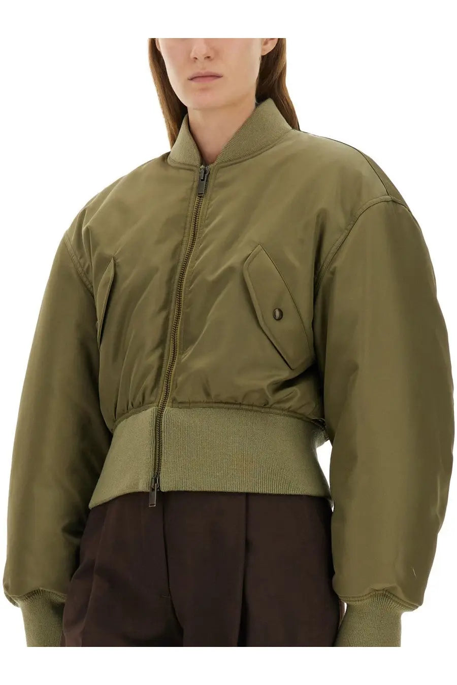 Saint Laurent women’s olive green nylon bomber jacket with ribbed waistband and front zipper closure