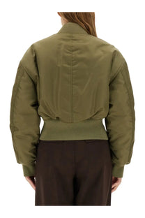 Saint Laurent women’s olive green nylon bomber jacket with ribbed waistband and matte finish