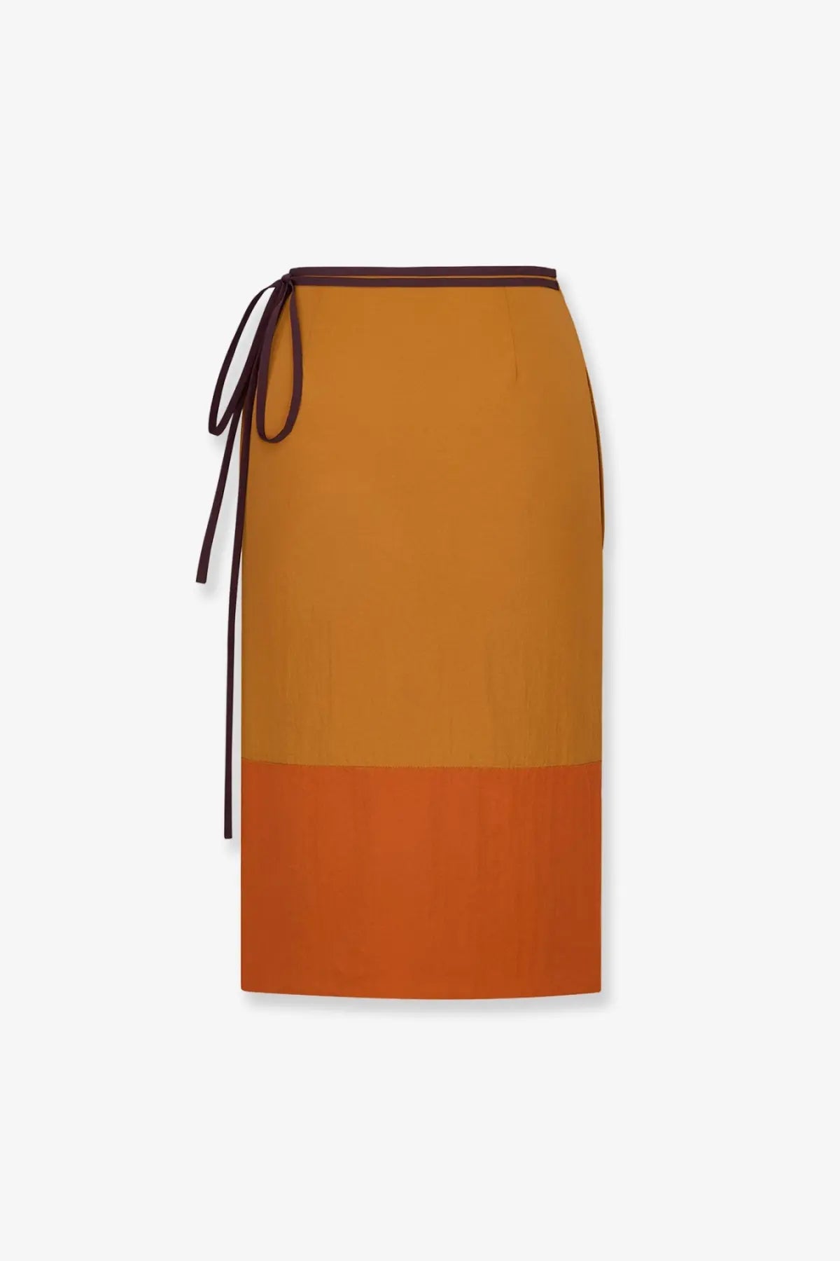 Saint Laurent women’s nylon pencil skirt gold featuring a two-toned orange wrap design with brown waistband and tie