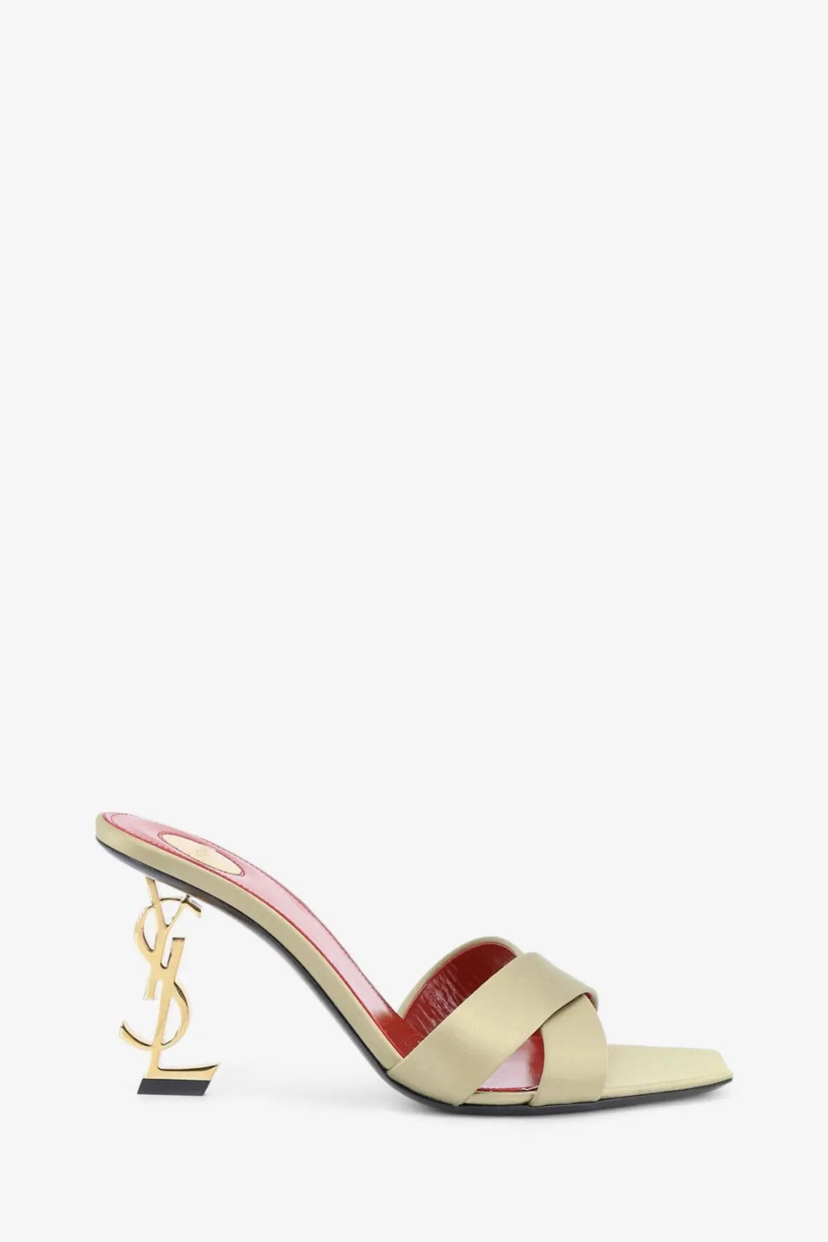 Beige satin strap mule sandal with gold-tone ysl logo heel and red interior lining by saint laurent women