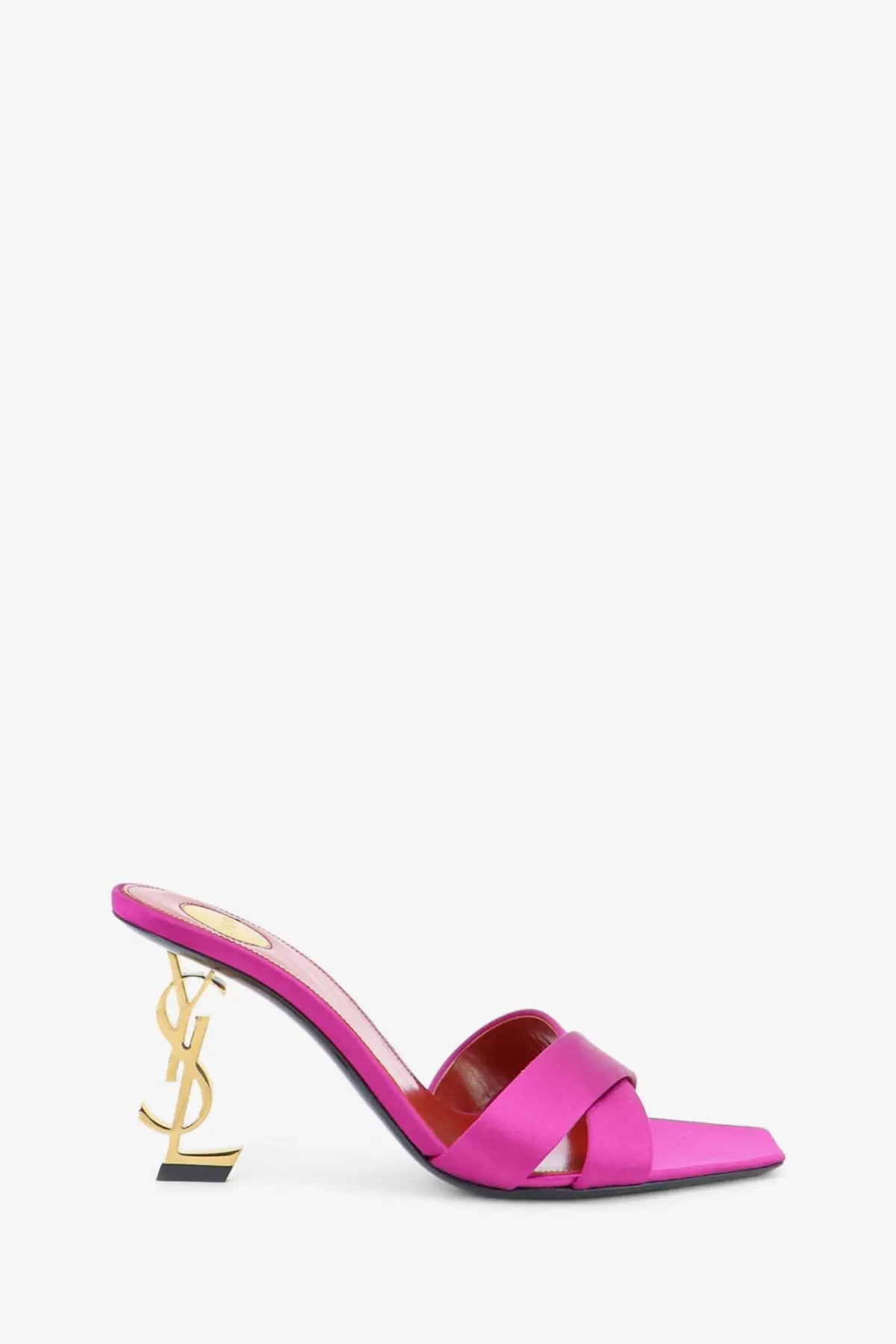 Saint laurent women’s opyum satin sandals in fuchsia pink with gold tone ysl logo slip on mule heel shown from back