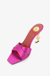Saint Laurent women’s Opyum satin sandals pink fuchsia satin strap mule with gold-tone YSL logo heel shown from back