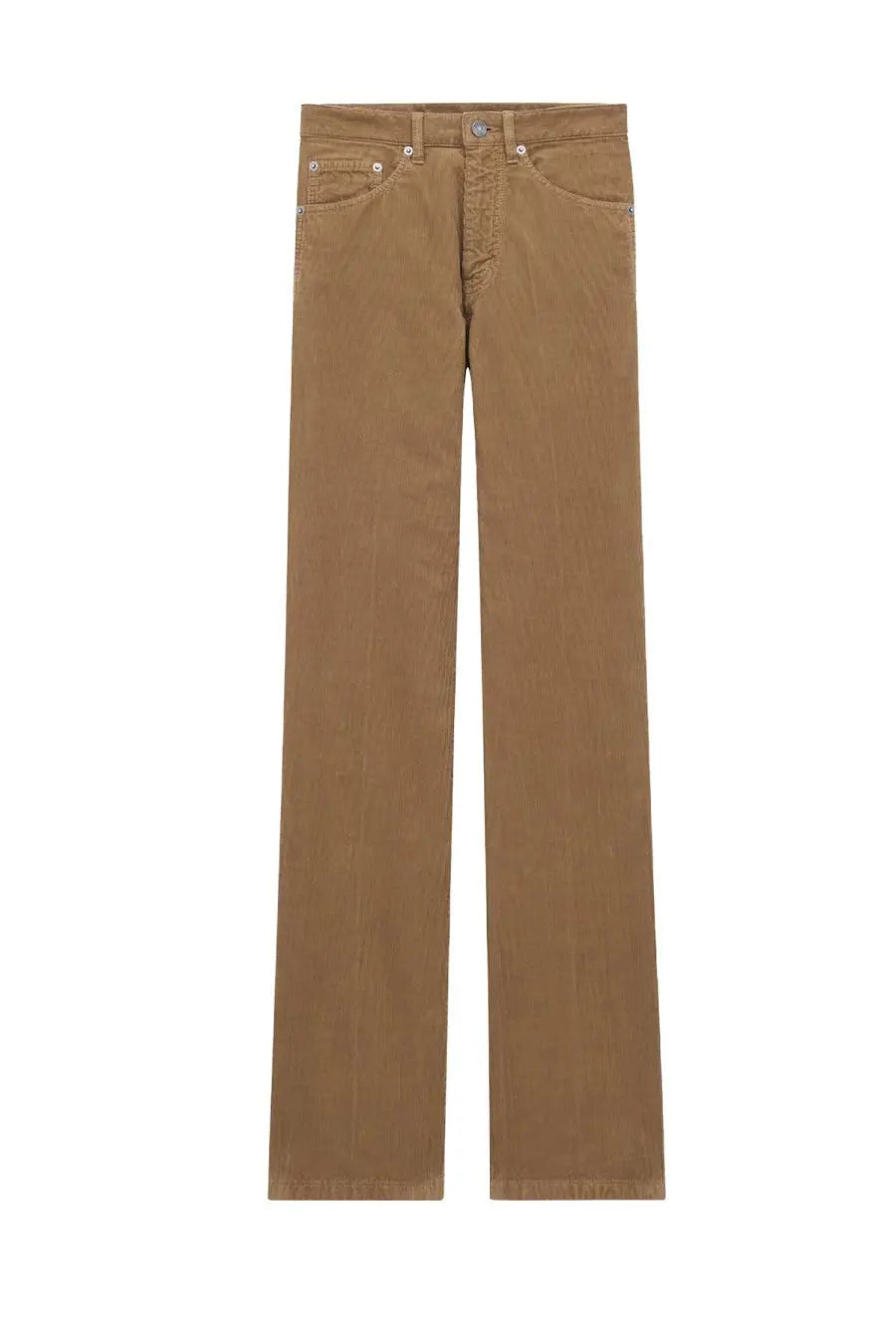 Saint Laurent women’s tan corduroy straight-leg pants with five-pocket design and silver-toned hardware